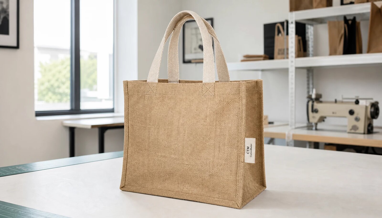 Natural custom jute tote bag with a sewn CTM CottonToMaker side label in a factory sample room