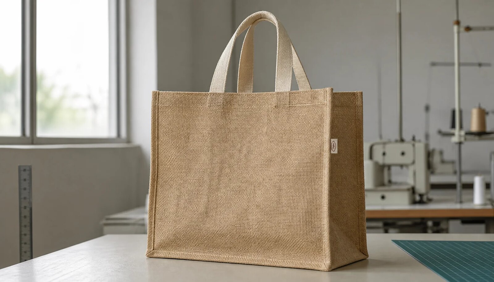 Natural jute tote bag with a small CTM/CottonToMaker sample logo shown in a clean factory sample room.