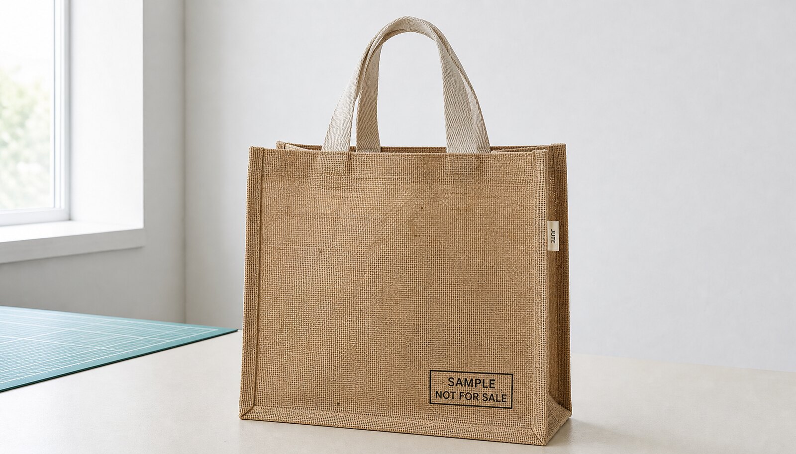 Photorealistic jute tote bag with a CTM sample logo printed on the front in a factory sample room