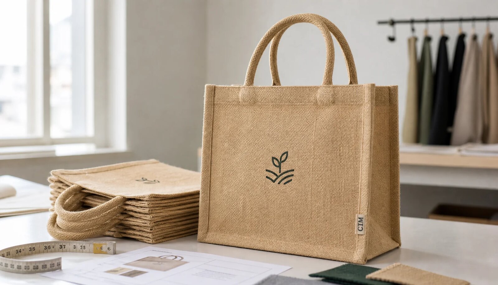 Custom jute tote bag with a small CTM sample logo printed and sewn on a factory sample room table