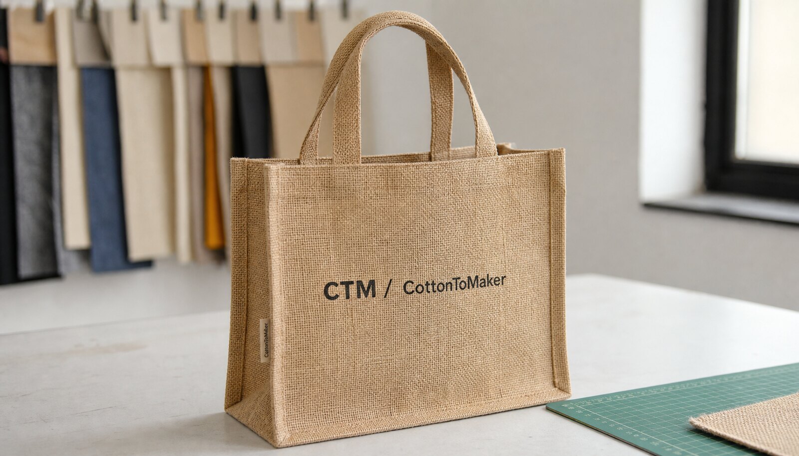 Natural jute tote bag with a simple CTM sample logo printed in a factory sample room