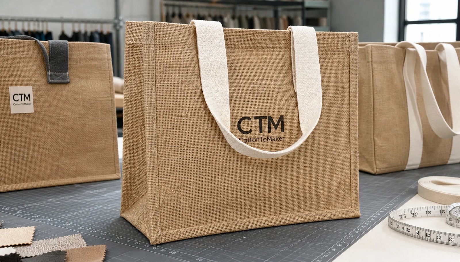 Custom jute tote bag samples with CTM CottonToMaker logo print in a factory sample room