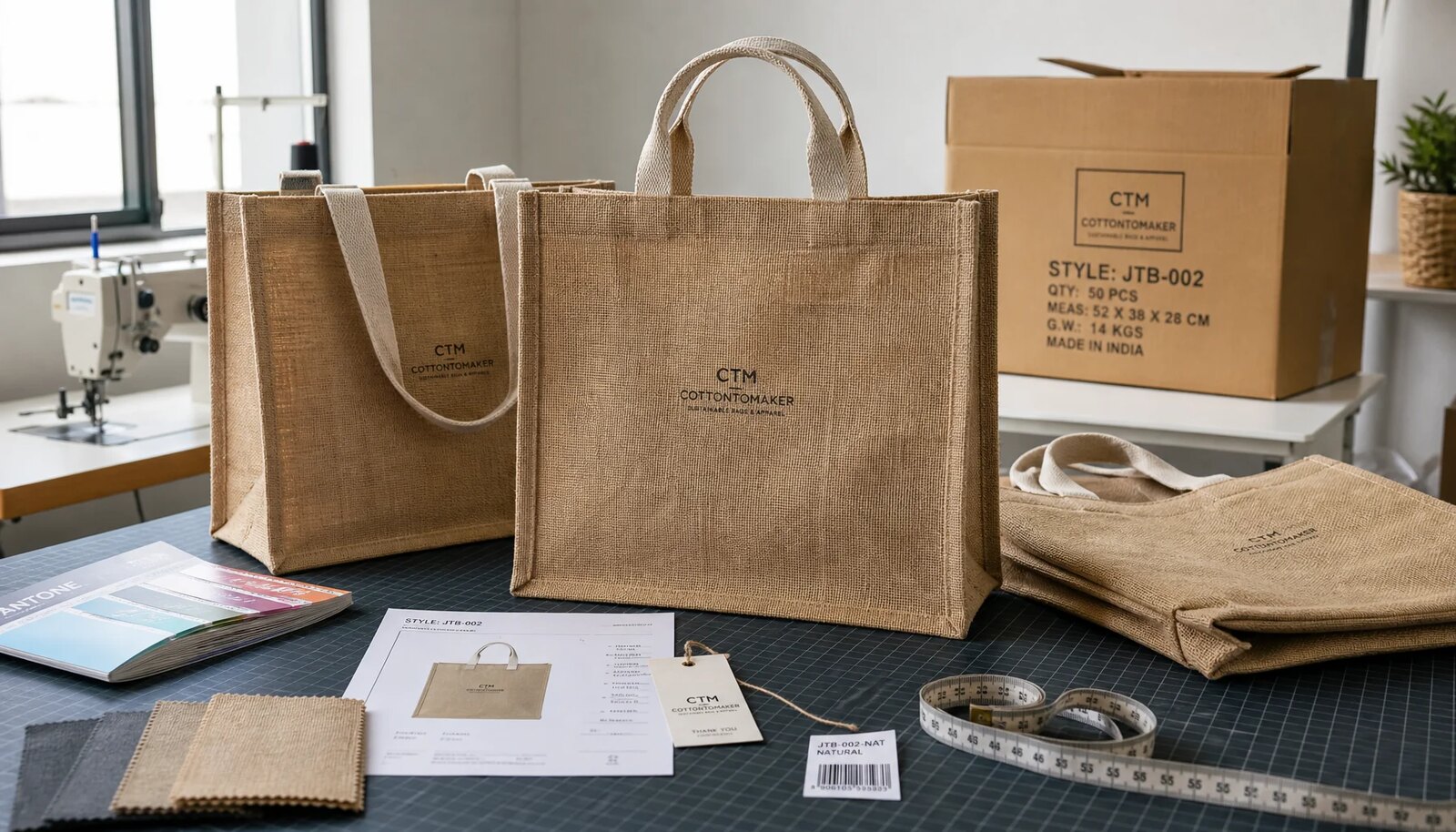 Custom natural jute tote bag with CTM sample logo in a factory sample room for hotel retail print proofing review