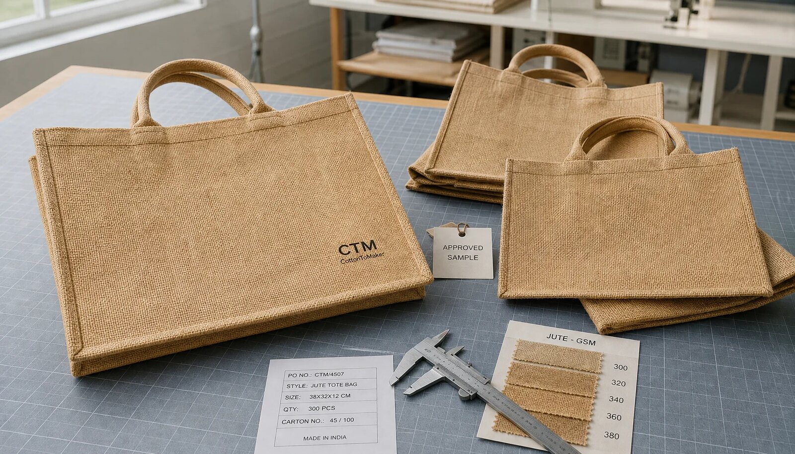Custom jute tote bags in a factory sample room with reinforced handles, jute swatches, measurement tools, and a small CTM CottonToMaker logo