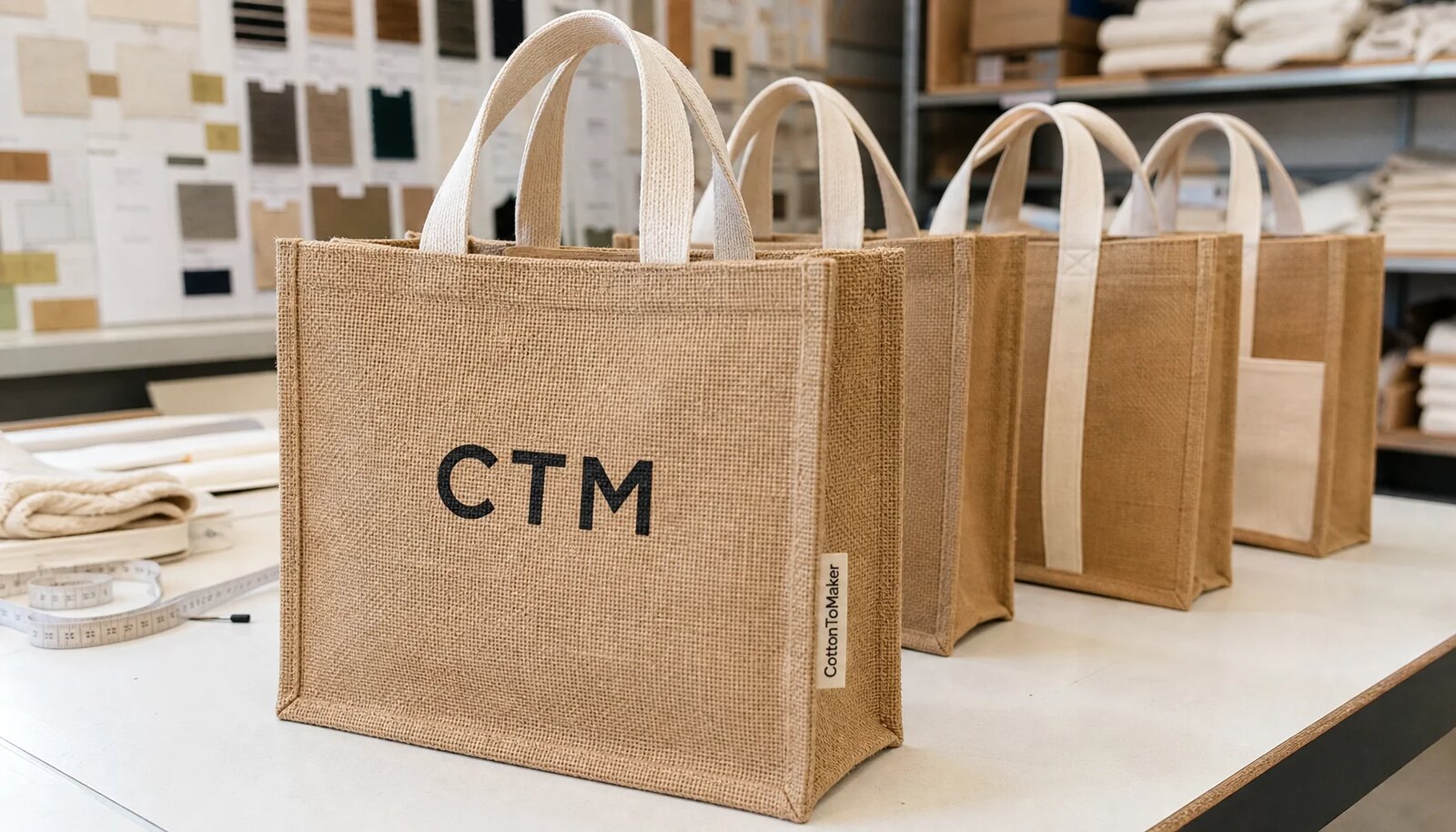 Custom jute tote bag samples with CTM logo in a factory sample room
