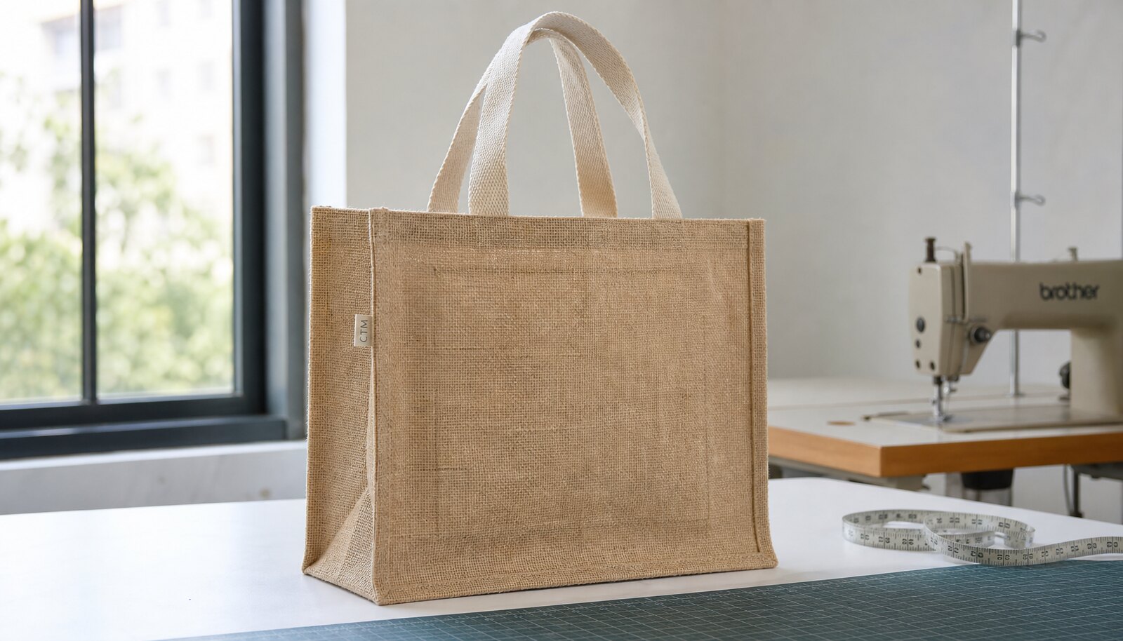 Custom jute tote bag with CTM side label shown in a clean factory sample room