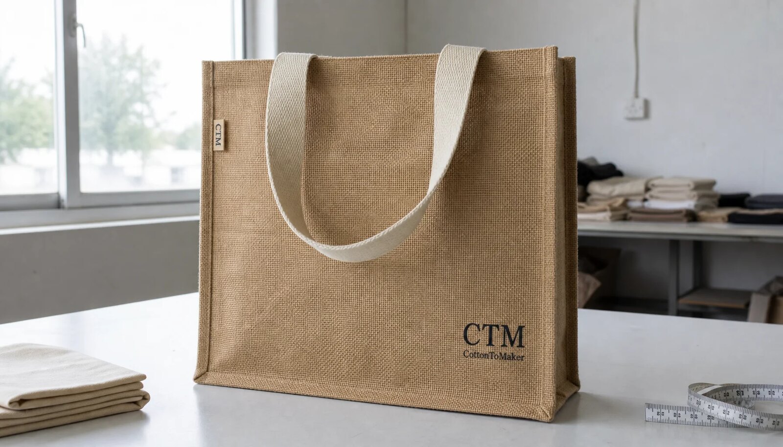 Photorealistic natural jute tote bag with CTM sample logo in a clean factory sample room, cotton handles, visible stitching.