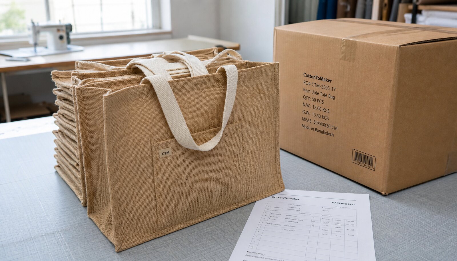 Custom jute tote bags stacked beside a shipping carton in a factory sample room with a small CTM logo printed on the bag