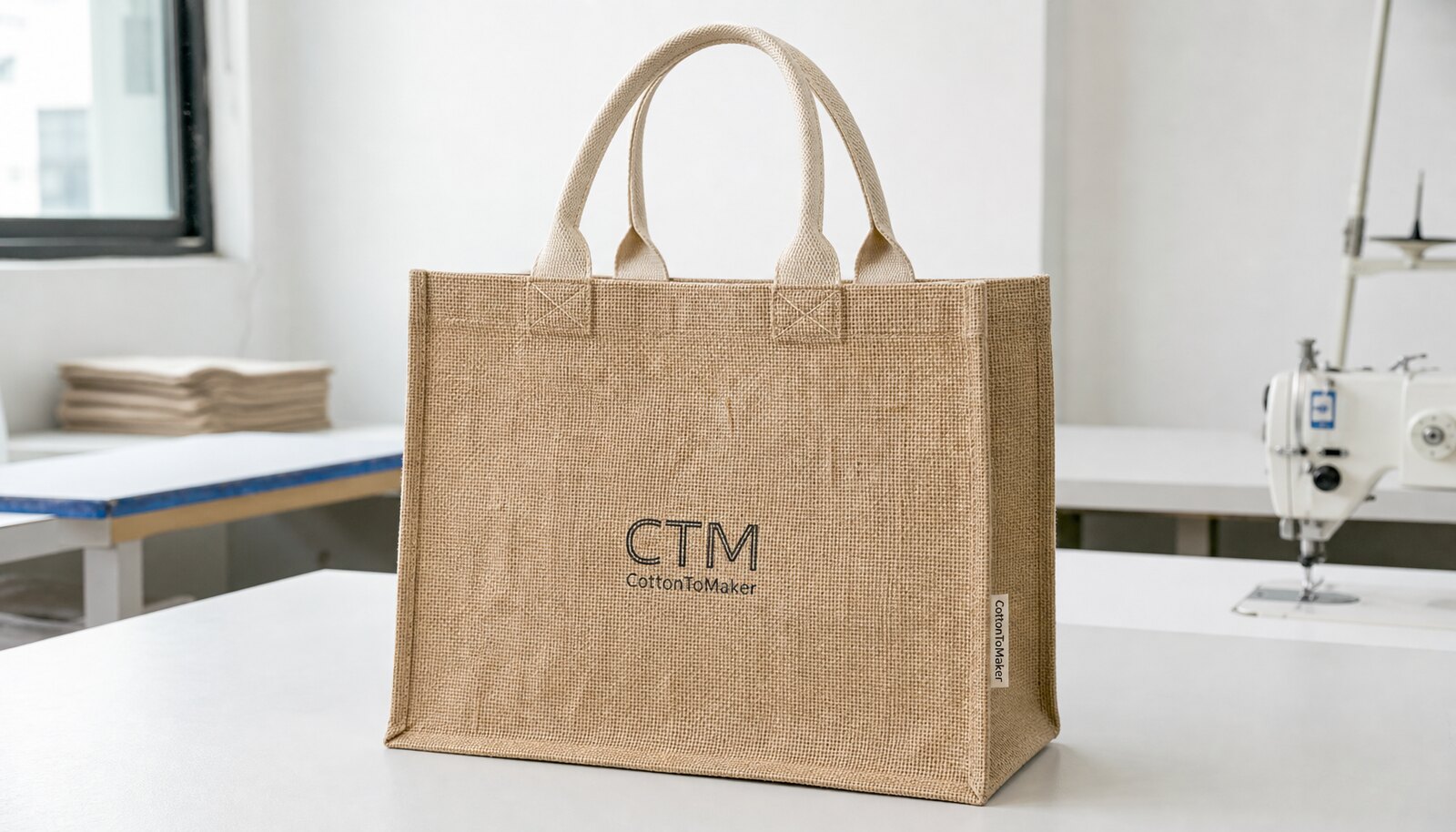 Natural jute tote bag with a CTM sample logo in a factory sample room