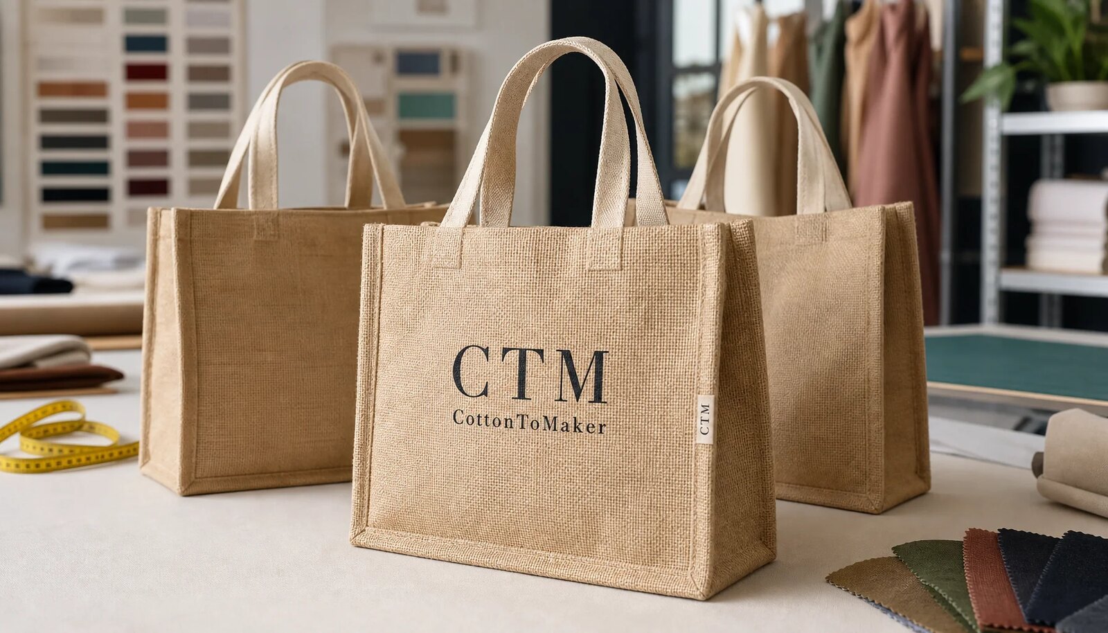 Custom jute tote bag sample with CTM CottonToMaker logo in a factory sample room