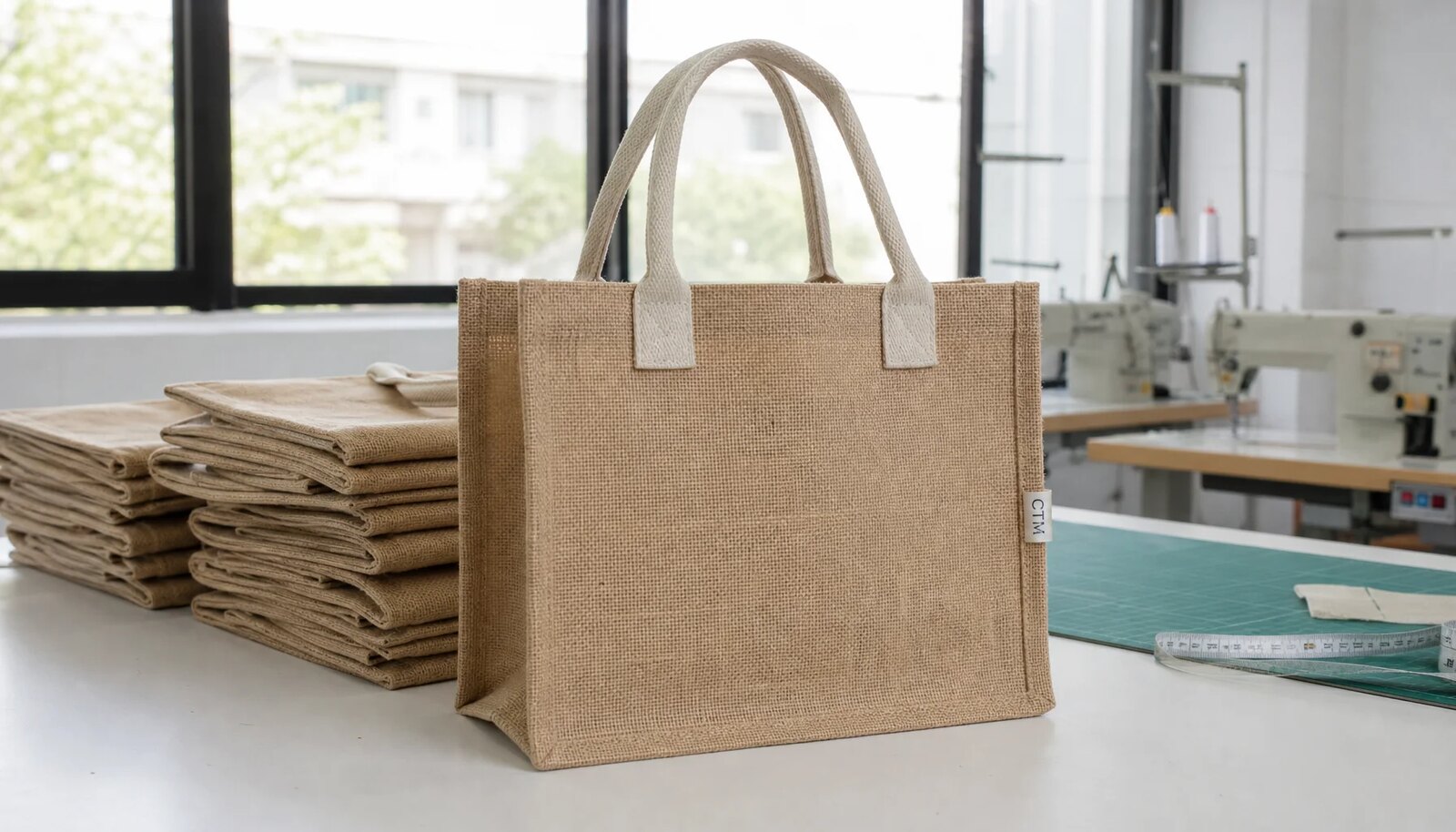 Custom jute tote bags with a simple CottonToMaker sample label shown in a clean factory sample room.