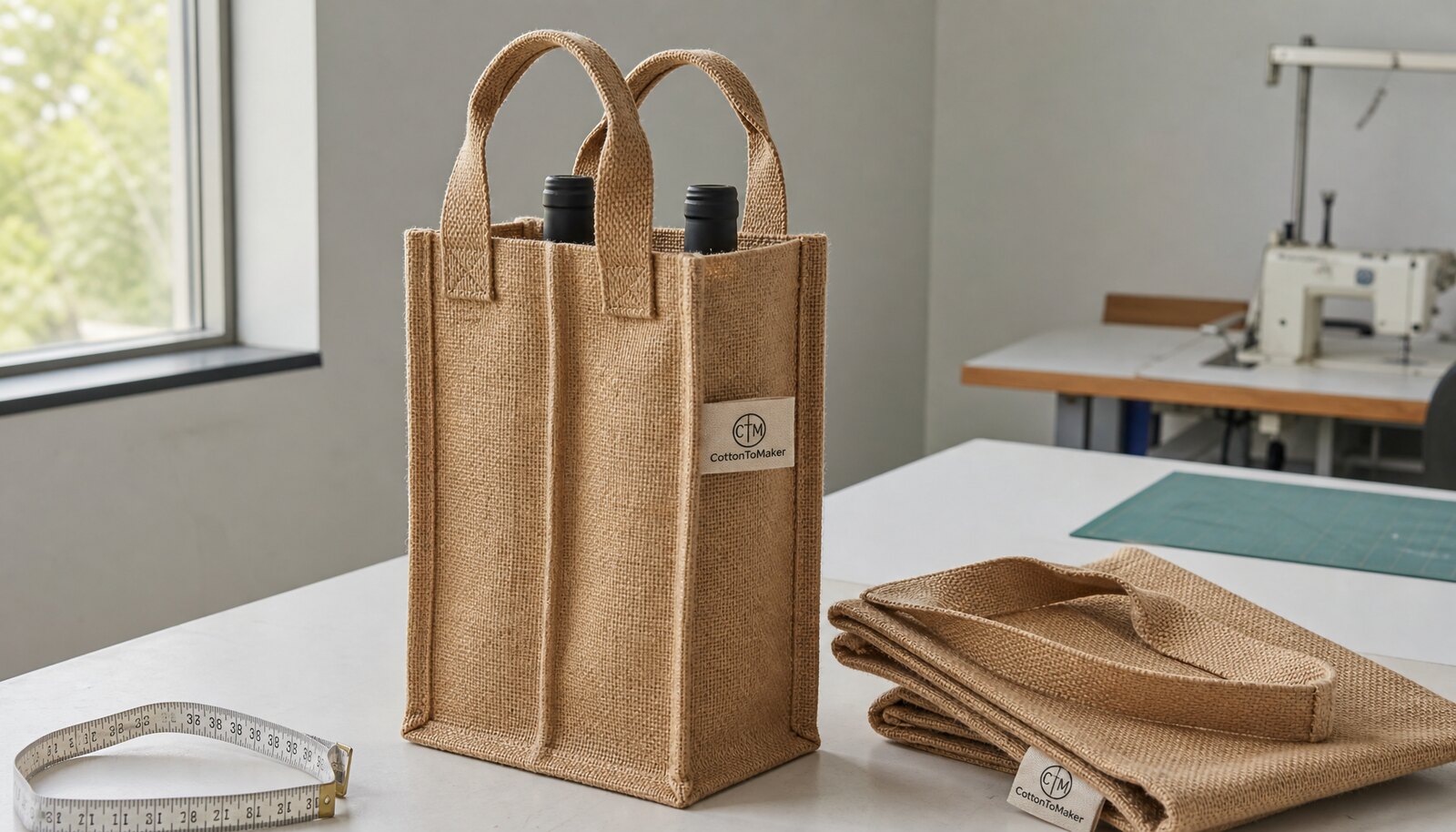Photorealistic jute wine tote sample with a sewn CTM/CottonToMaker side label in a factory sample room