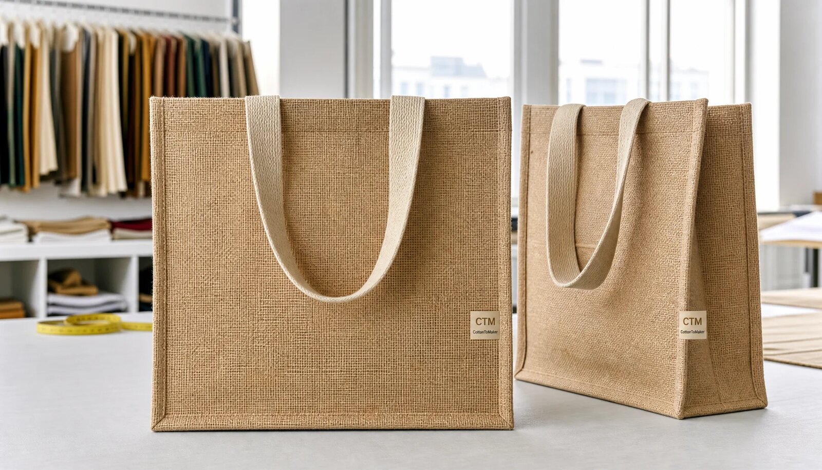 Photorealistic jute tote bags in a factory sample room with a small sewn CTM side label