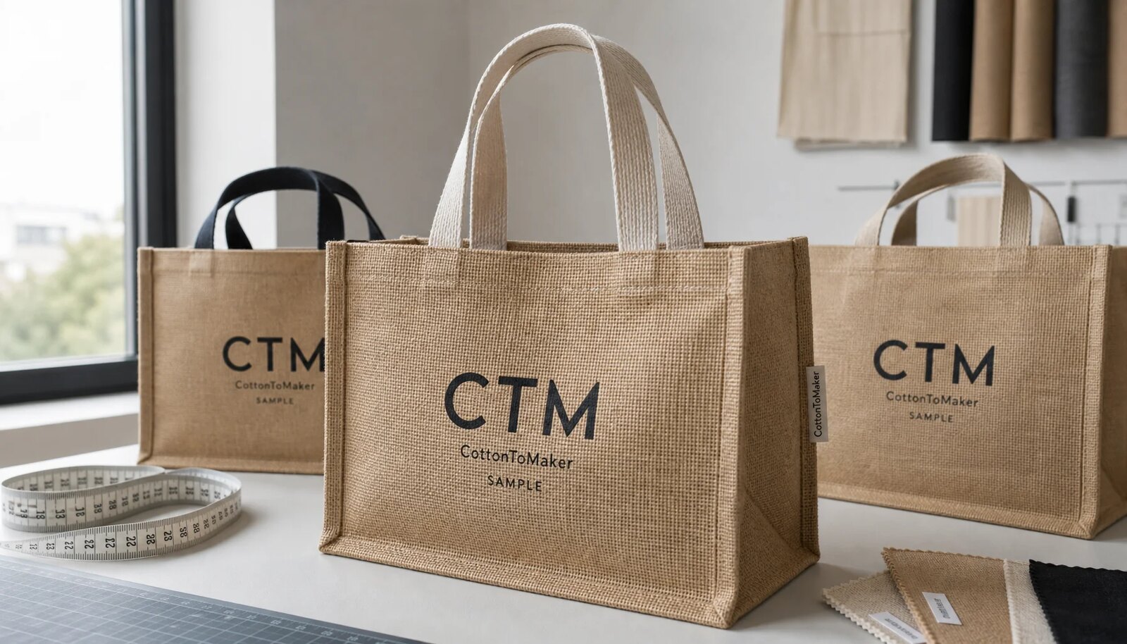 Custom jute tote bag samples with CTM logo and CottonToMaker side label on a studio table