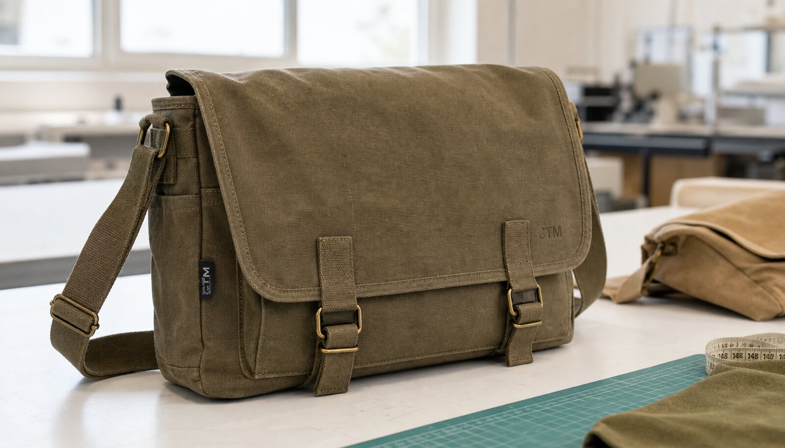 Photorealistic custom canvas messenger bag with a visible CTM/CottonToMaker label in a clean sample room