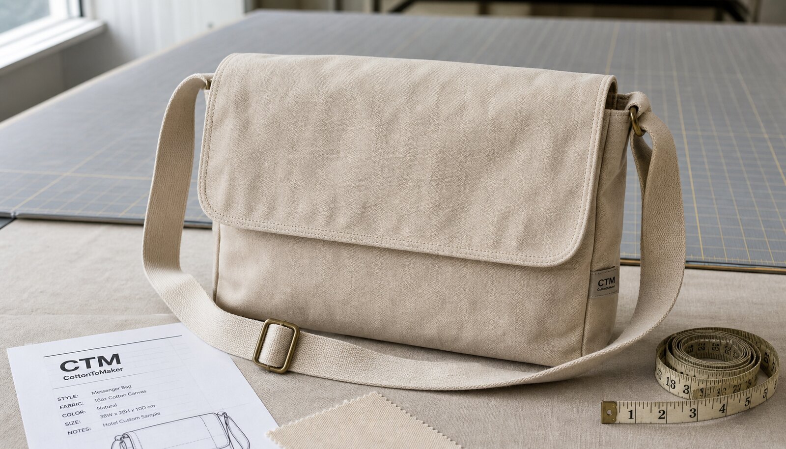 Custom canvas messenger bag for hotels with sample logo, measured in a factory sample room