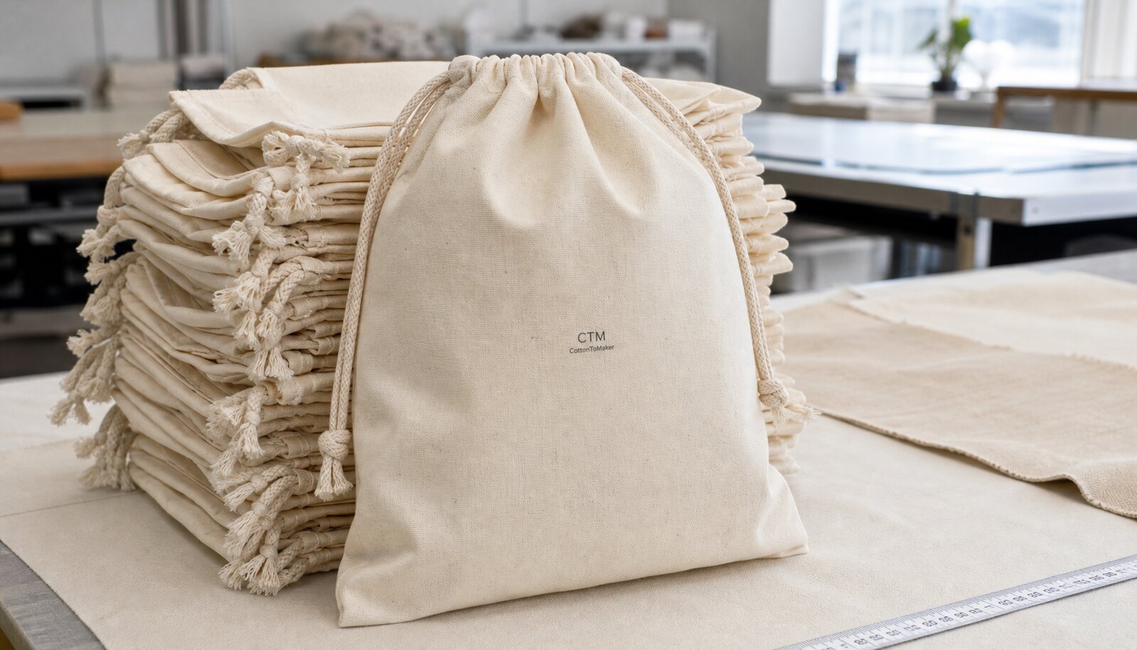 Natural muslin drawstring bags with a small CTM logo printed on the front in a factory sample room