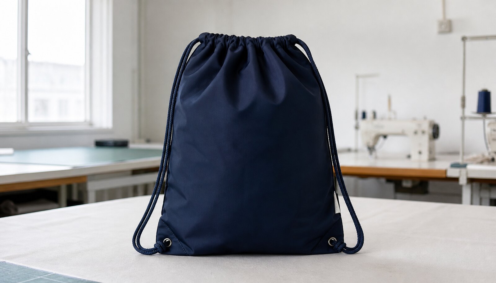 Custom nylon drawstring backpack with a small sewn CottonToMaker side label in a factory sample room