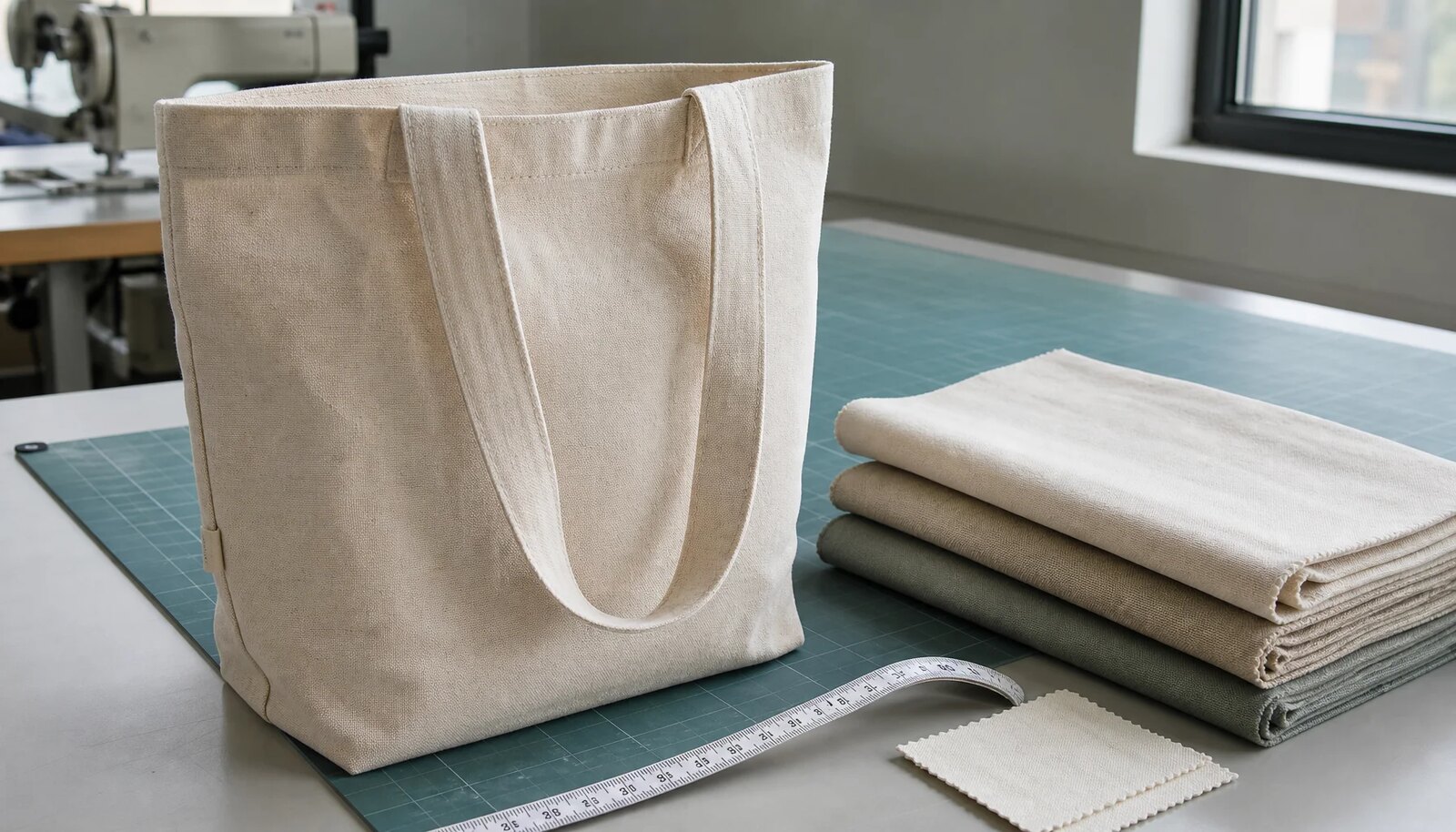 Organic cotton tote samples with fabric swatches and measuring tape in a factory sample room