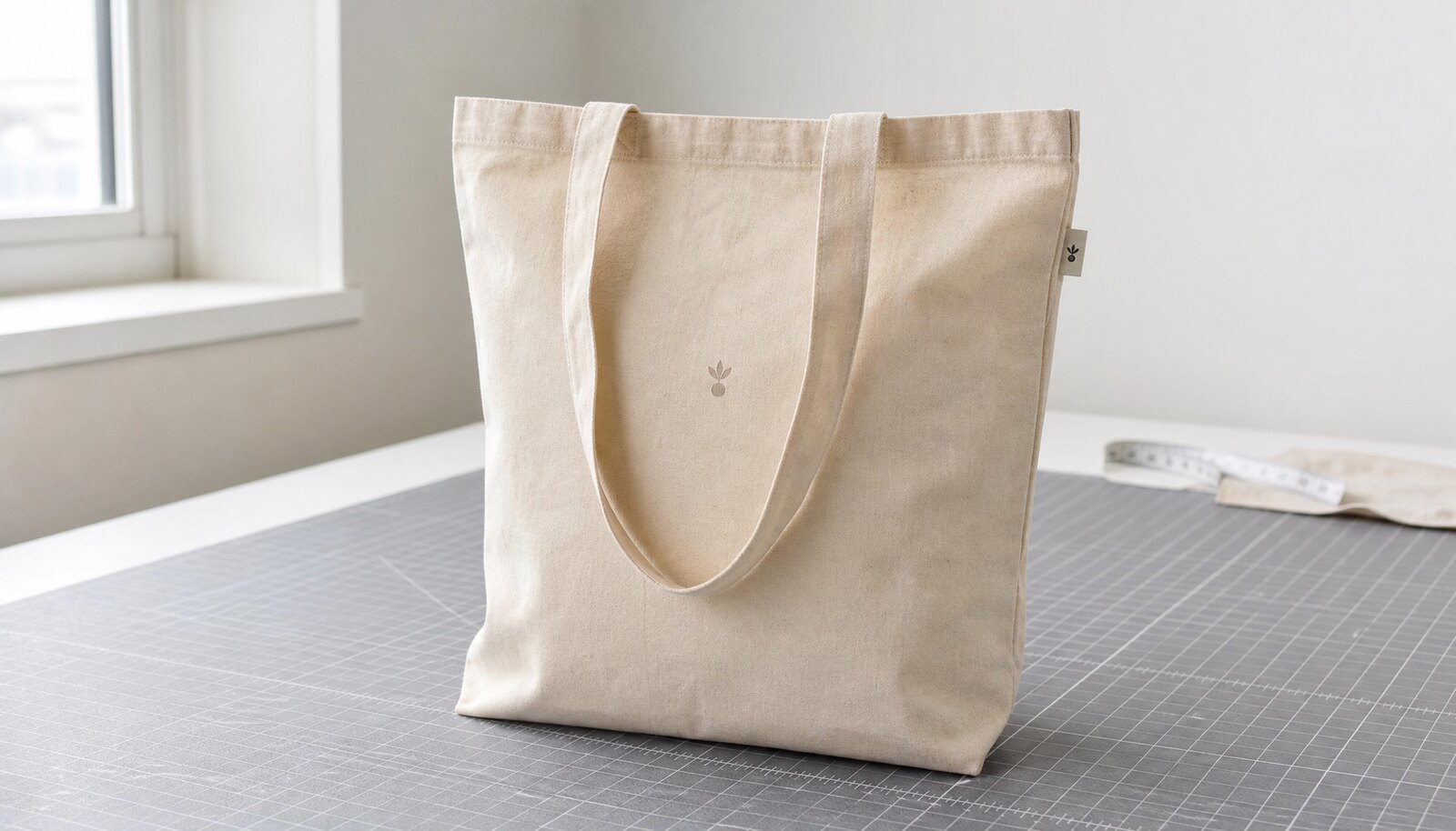 Natural organic cotton tote bag with a small CTM woven side label in a clean sample room.