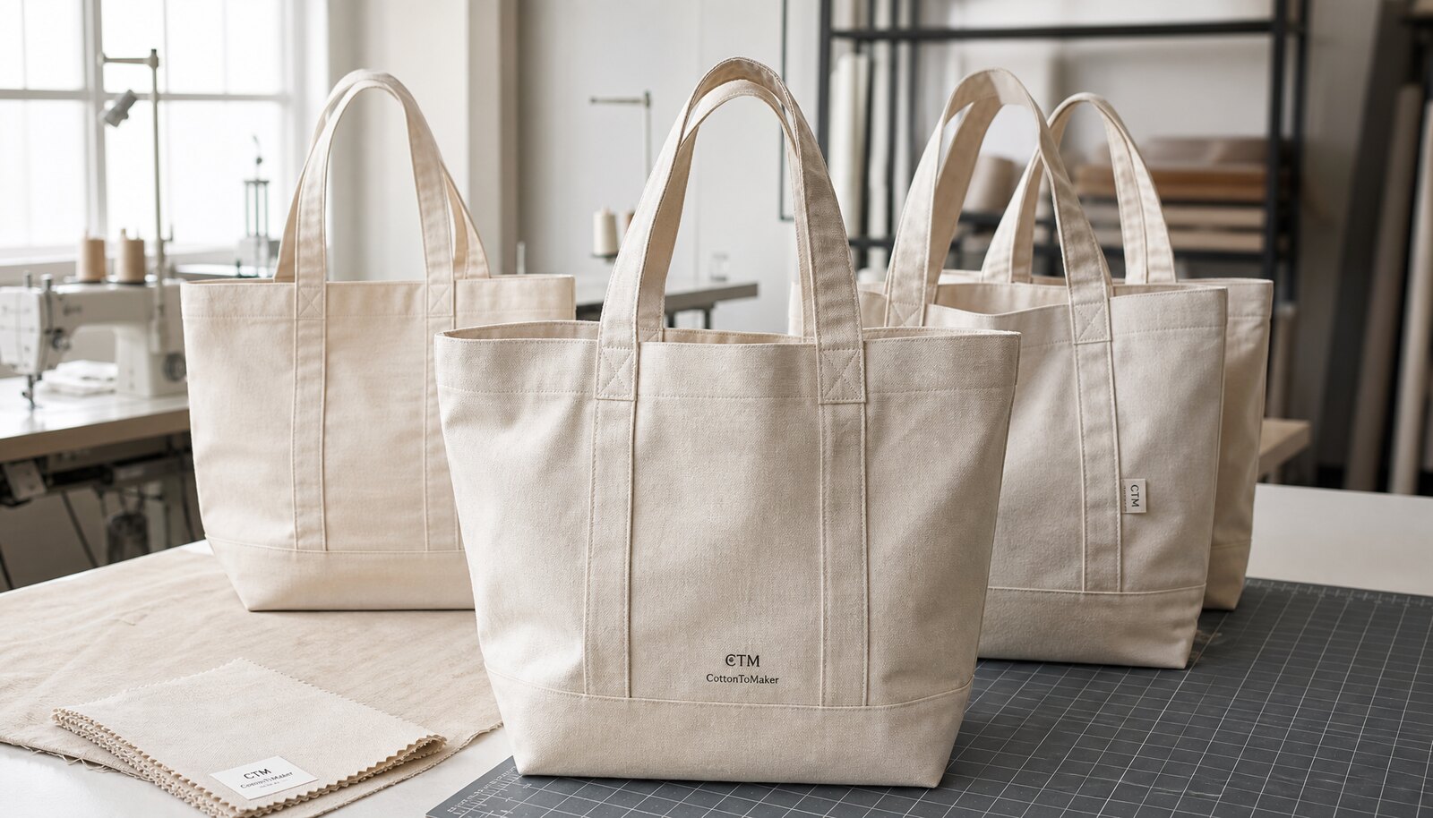 Photorealistic organic cotton tote samples in a factory room with a small CTM CottonToMaker logo on the bag.