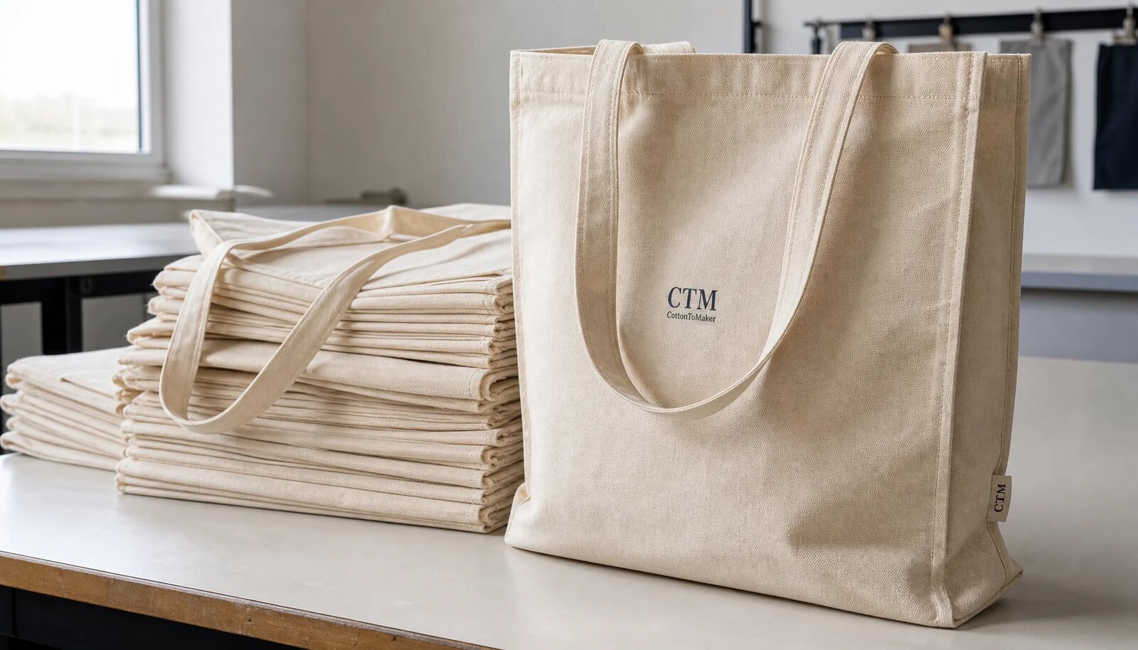 Natural organic cotton tote bags in a factory sample room with a small CTM logo printed on the front and a woven side label stitched into the seam