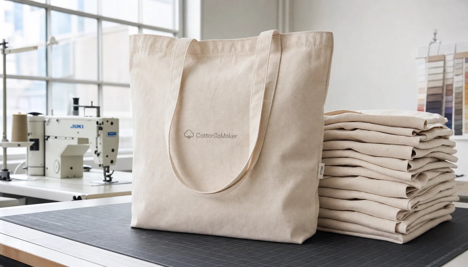 Photorealistic organic cotton tote bag with a small CTM woven side label and CottonToMaker logo in a factory sample room.