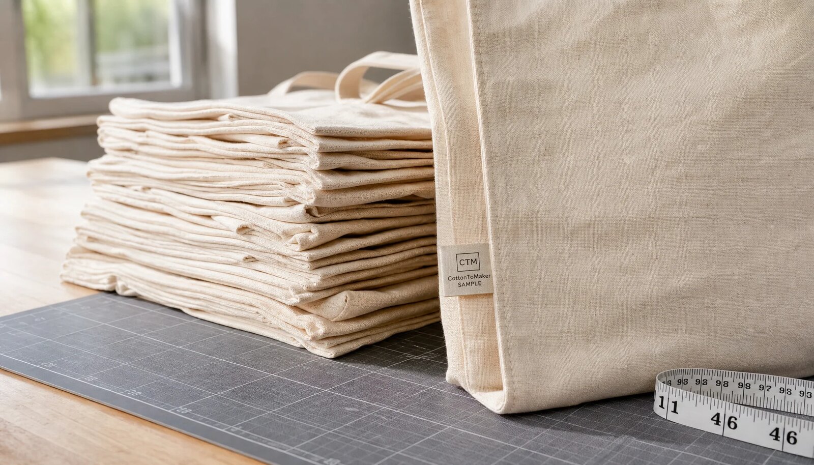 Organic cotton tote sample with CTM side label in a factory sample room