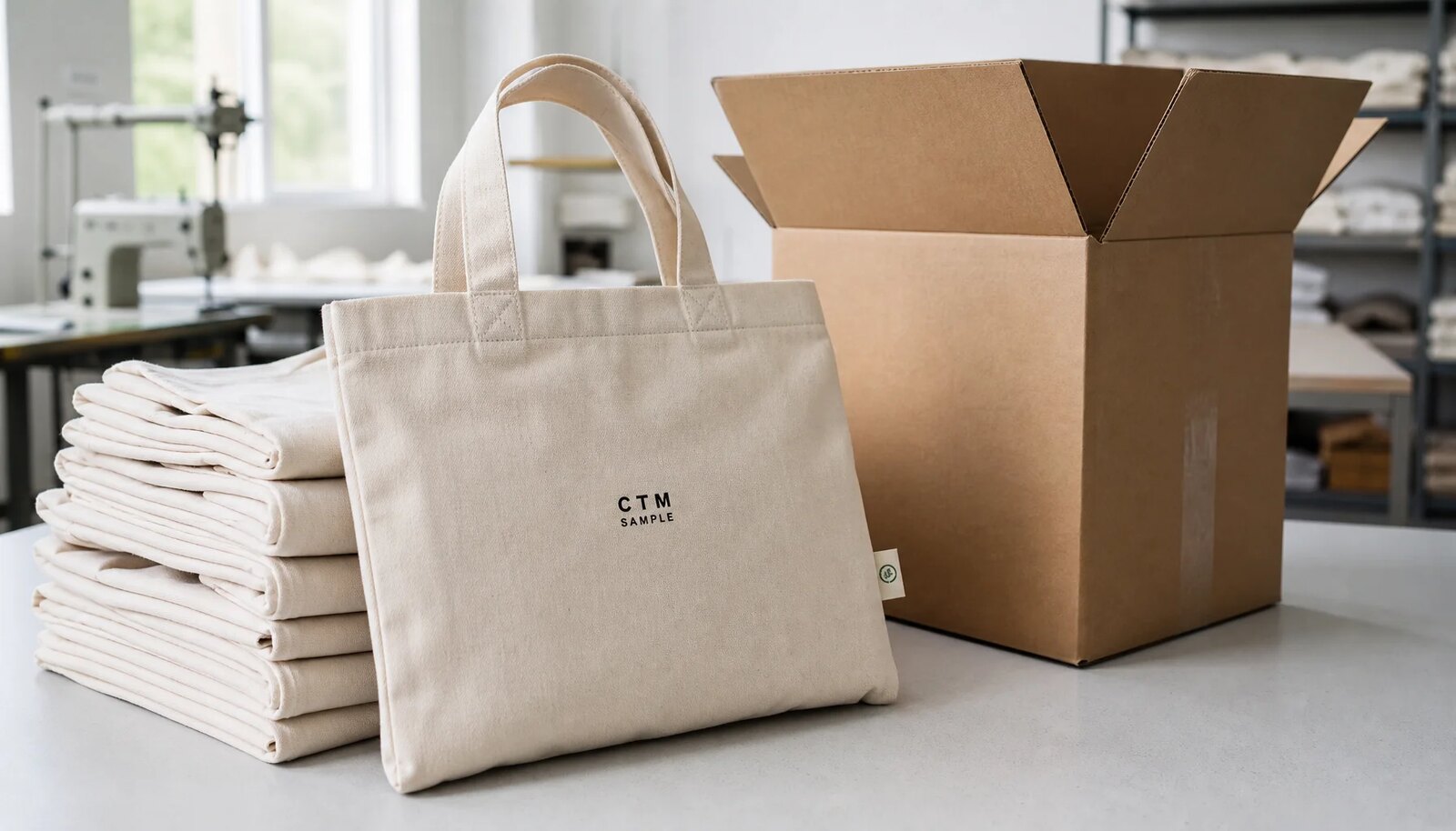 Organic cotton tote bags with a simple CTM sample logo, folded and packed beside an open carton in a clean factory sample room