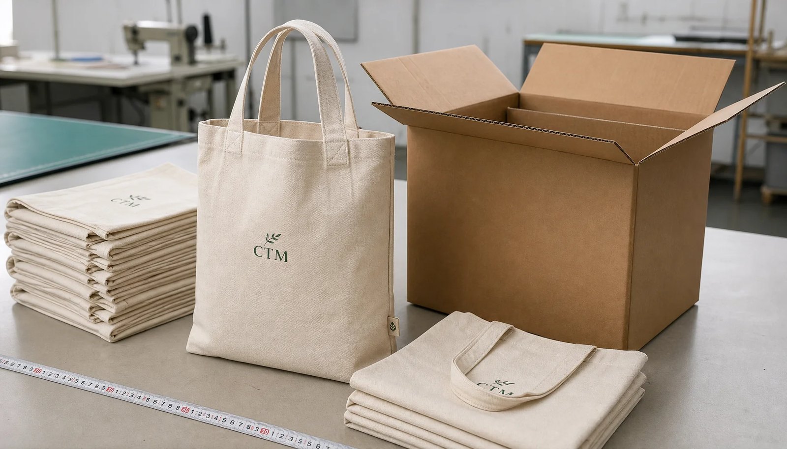 Organic cotton tote bags with CTM sample logo packed beside an export carton for bookstore orders