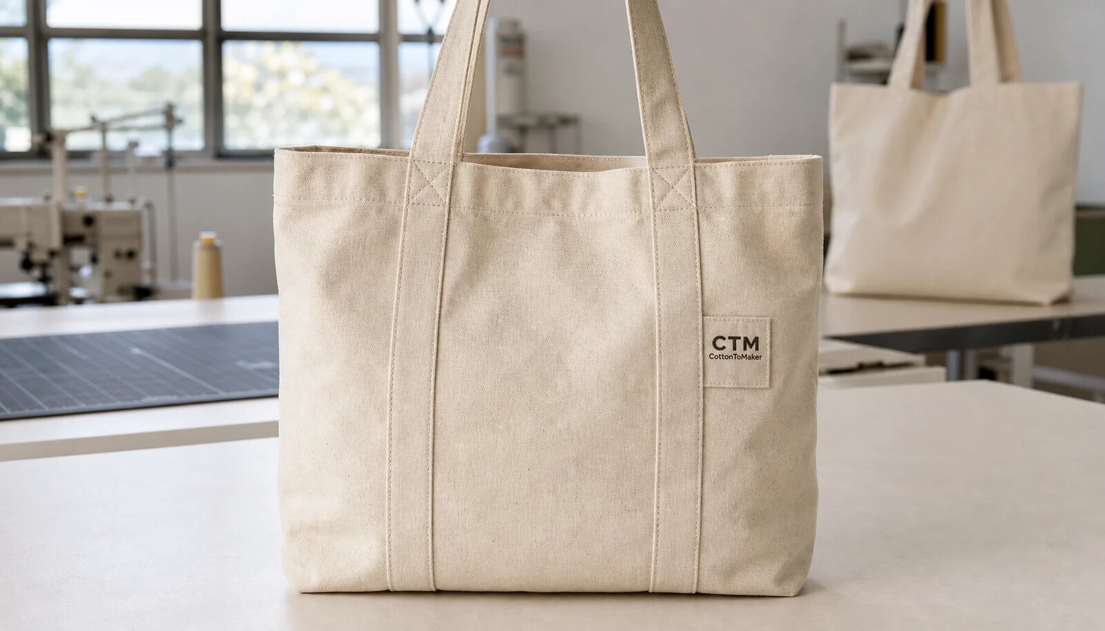 Photorealistic custom organic cotton tote with CTM sample logo in a factory sample room