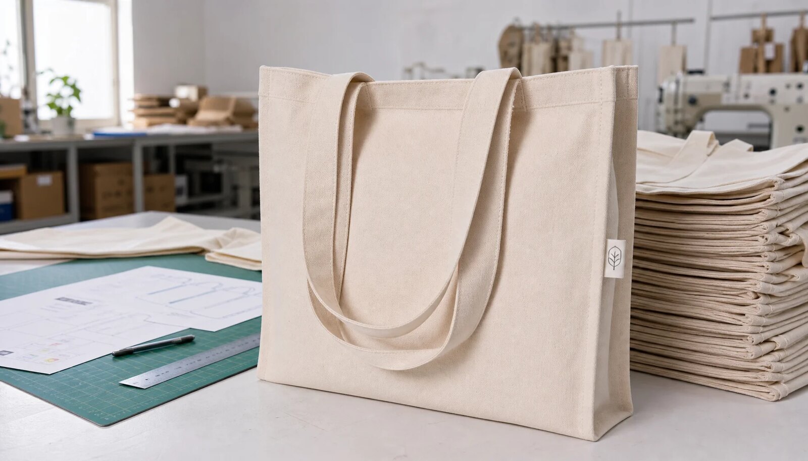 Organic cotton tote bag sample with CTM CottonToMaker woven side label in a factory sample room