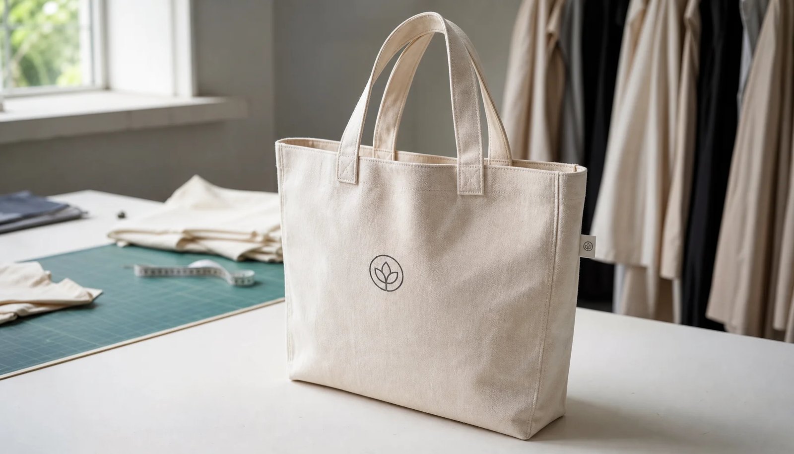 Organic cotton tote bag with a CTM/CottonToMaker side label shown in a factory sample room.