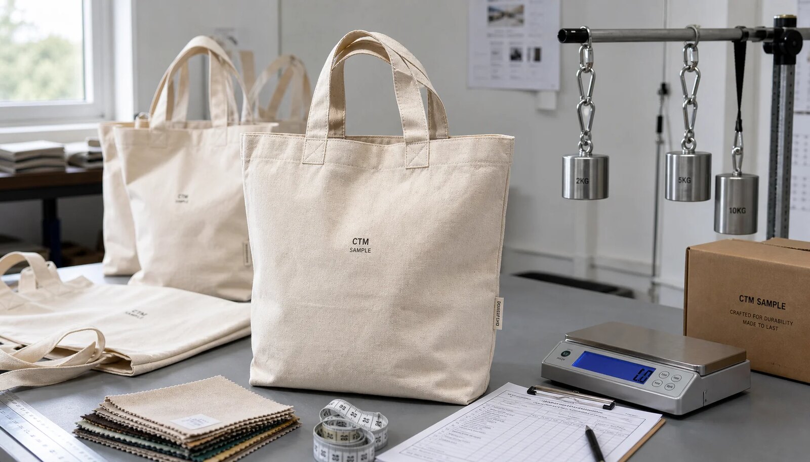 Organic cotton tote bag sample with reinforced handle stitching during durability testing for craft fair sourcing
