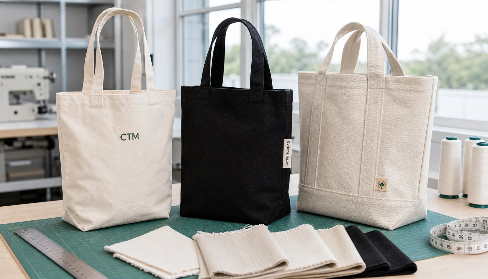 Custom organic cotton tote bag samples with CTM logo in a factory sample room, showing different fabric weights and construction styles.
