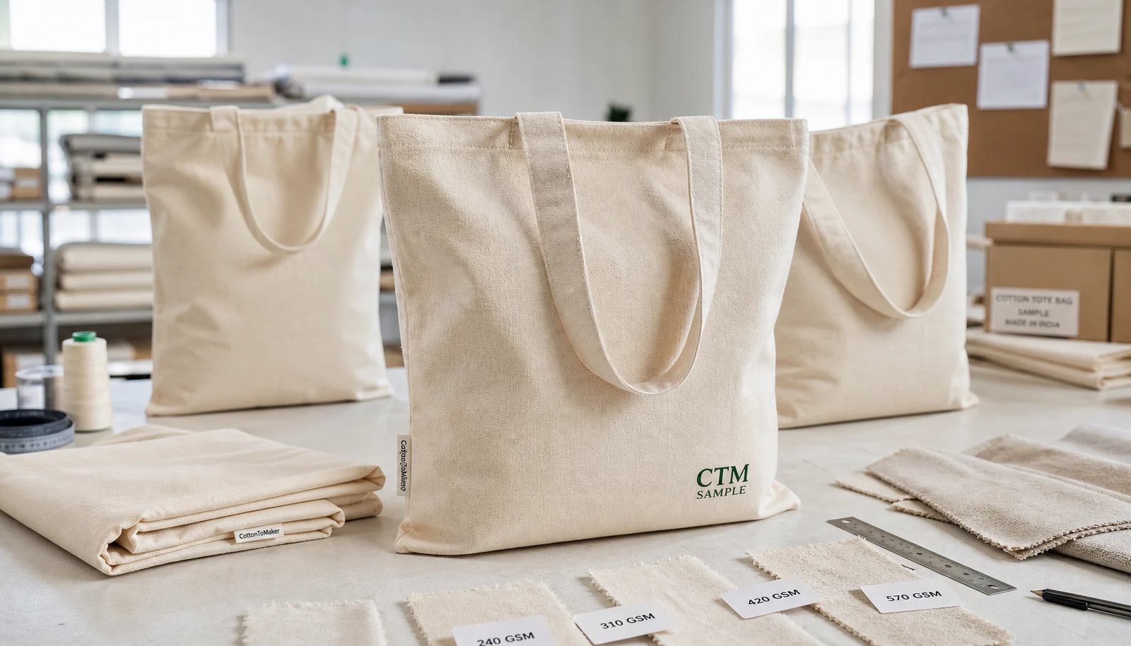 Organic cotton tote bag samples with CTM logo in a factory sample room