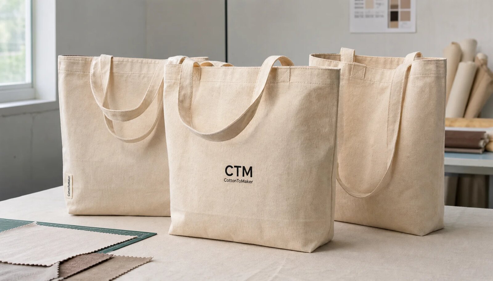 Custom organic cotton tote bags with CTM sample logo for hotel retail material selection