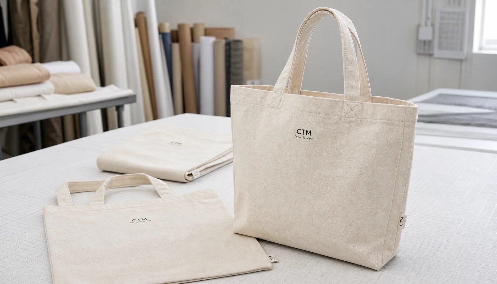 Custom organic cotton tote bags with CTM logo in a factory sample room