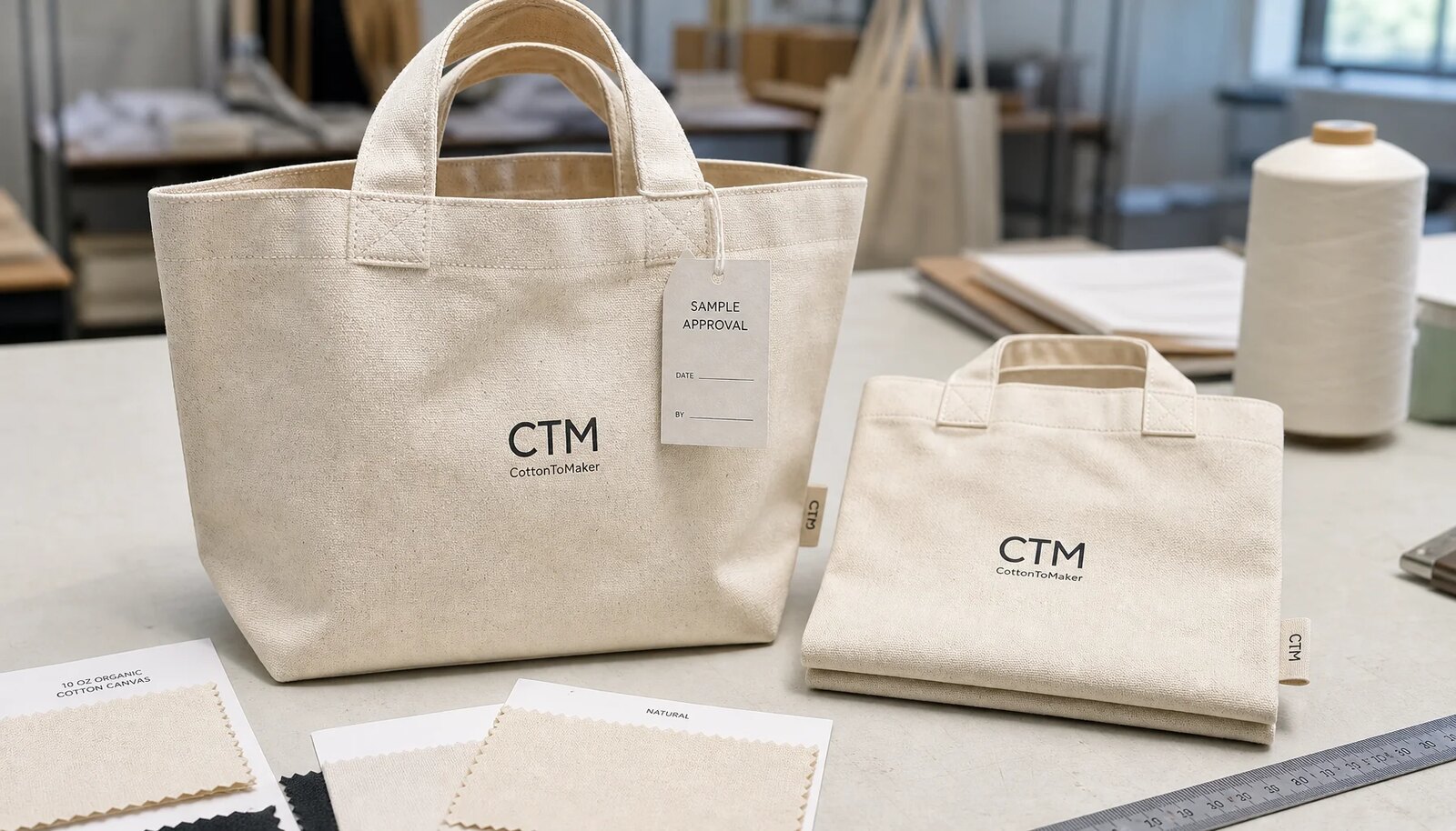 Custom organic cotton tote bag samples with CTM logo in a factory sample room