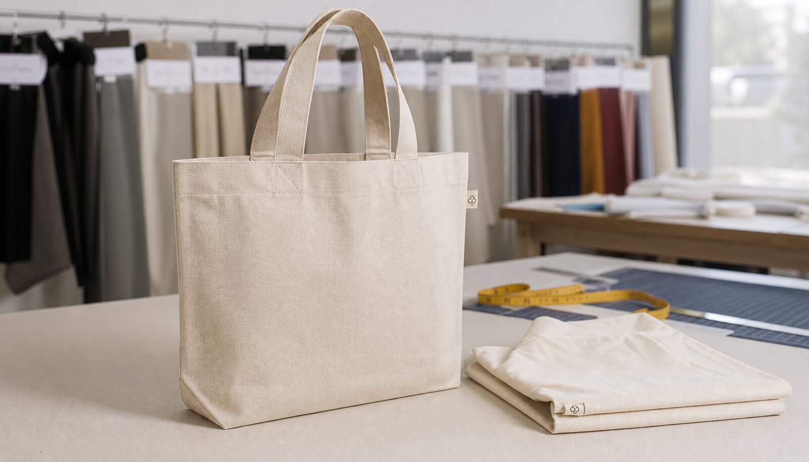 Photorealistic organic cotton tote sample with a simple CTM label in a factory sample room