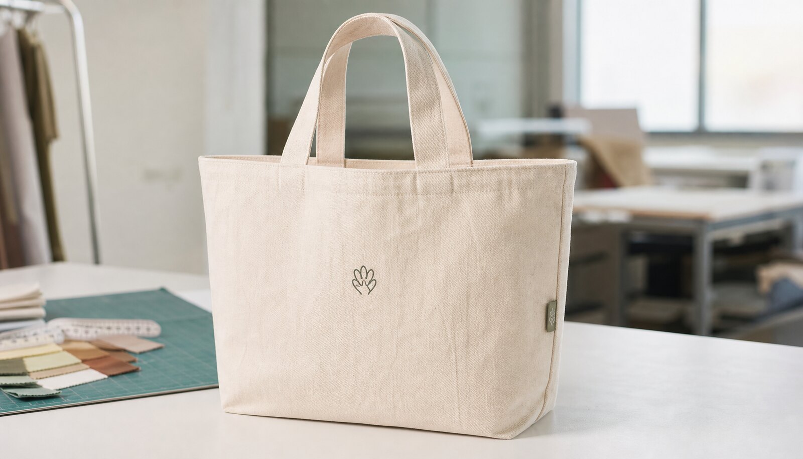 Natural organic cotton tote bag with a simple CTM side label in a factory sample room
