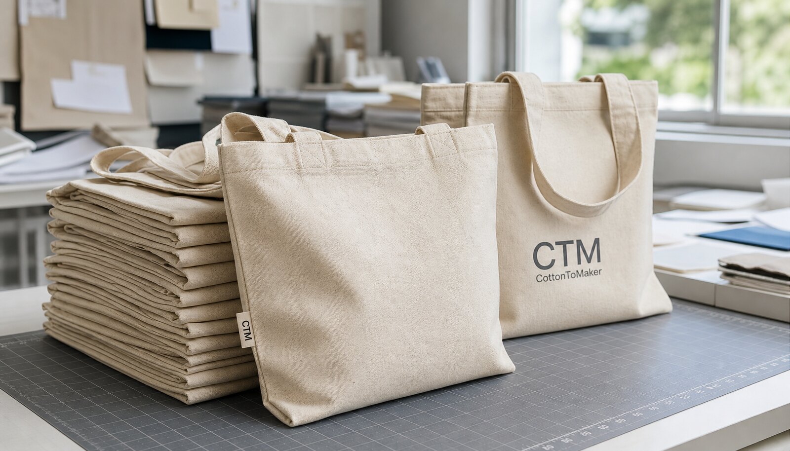 Organic cotton tote bags in a factory sample room with a small CTM/CottonToMaker logo label