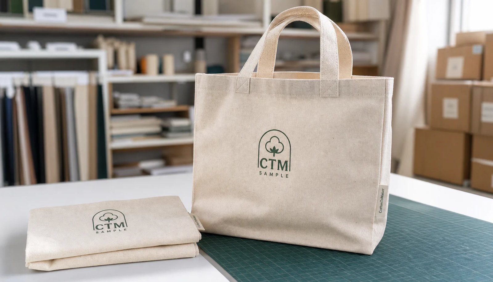 Custom organic cotton tote bag sample with CTM logo and woven CottonToMaker side label in a factory sample room