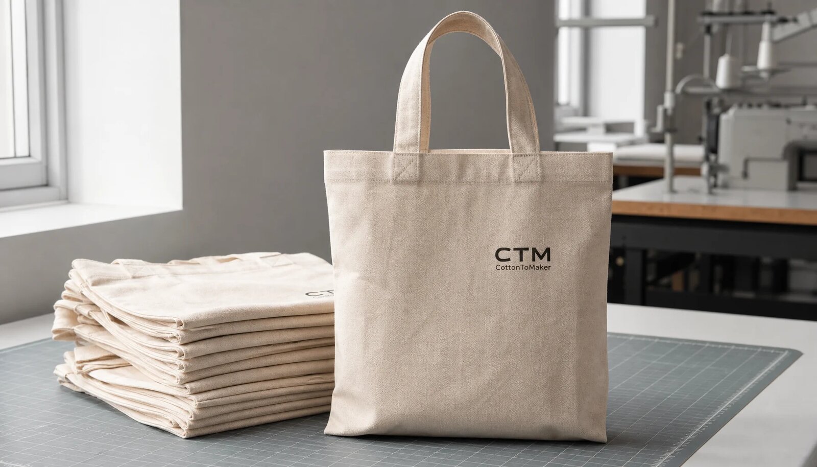 Organic cotton tote sample with a small CTM CottonToMaker logo printed on the front in a factory sample room