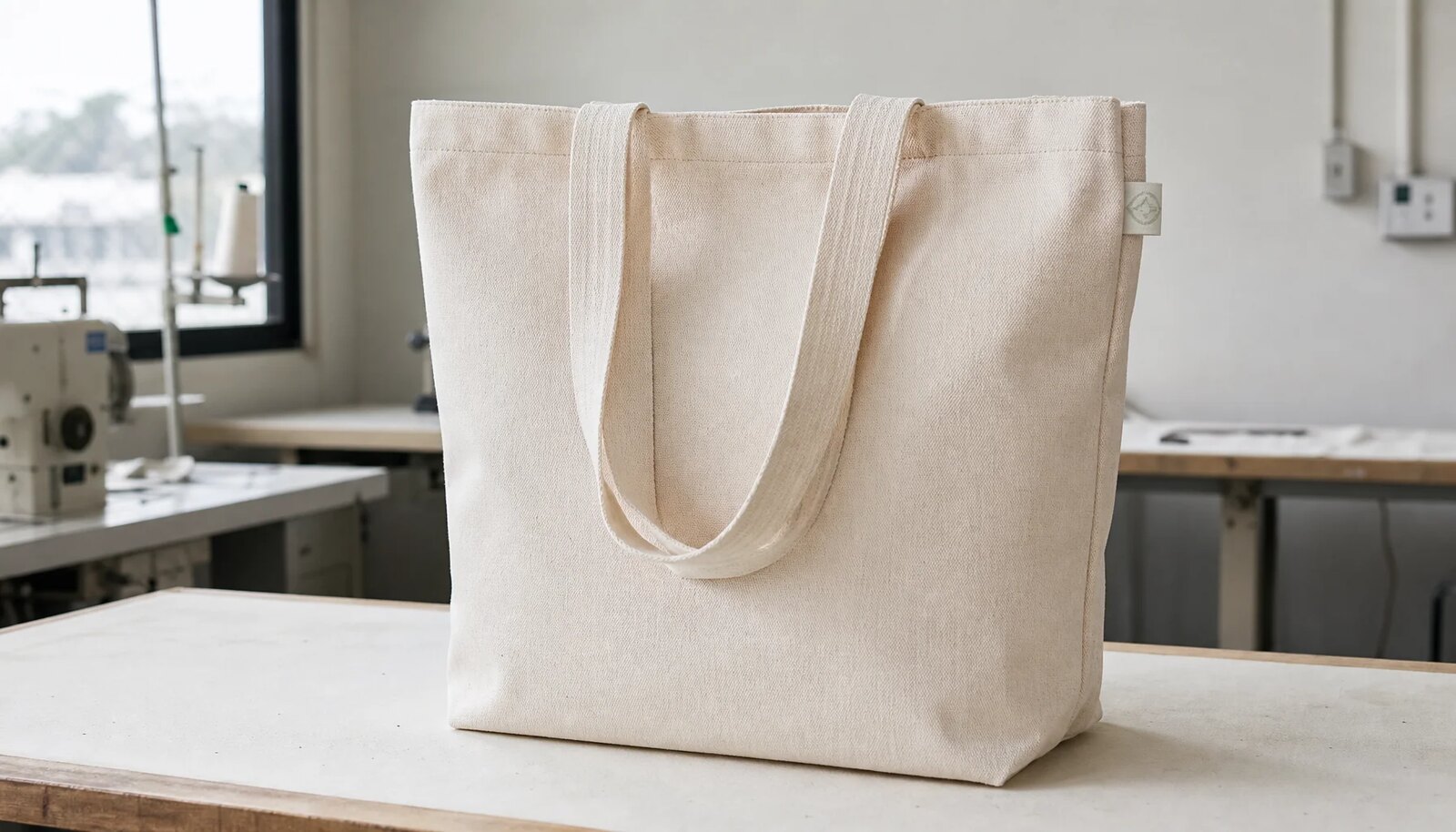 Natural organic cotton tote with a small CTM side label in a clean factory sample room