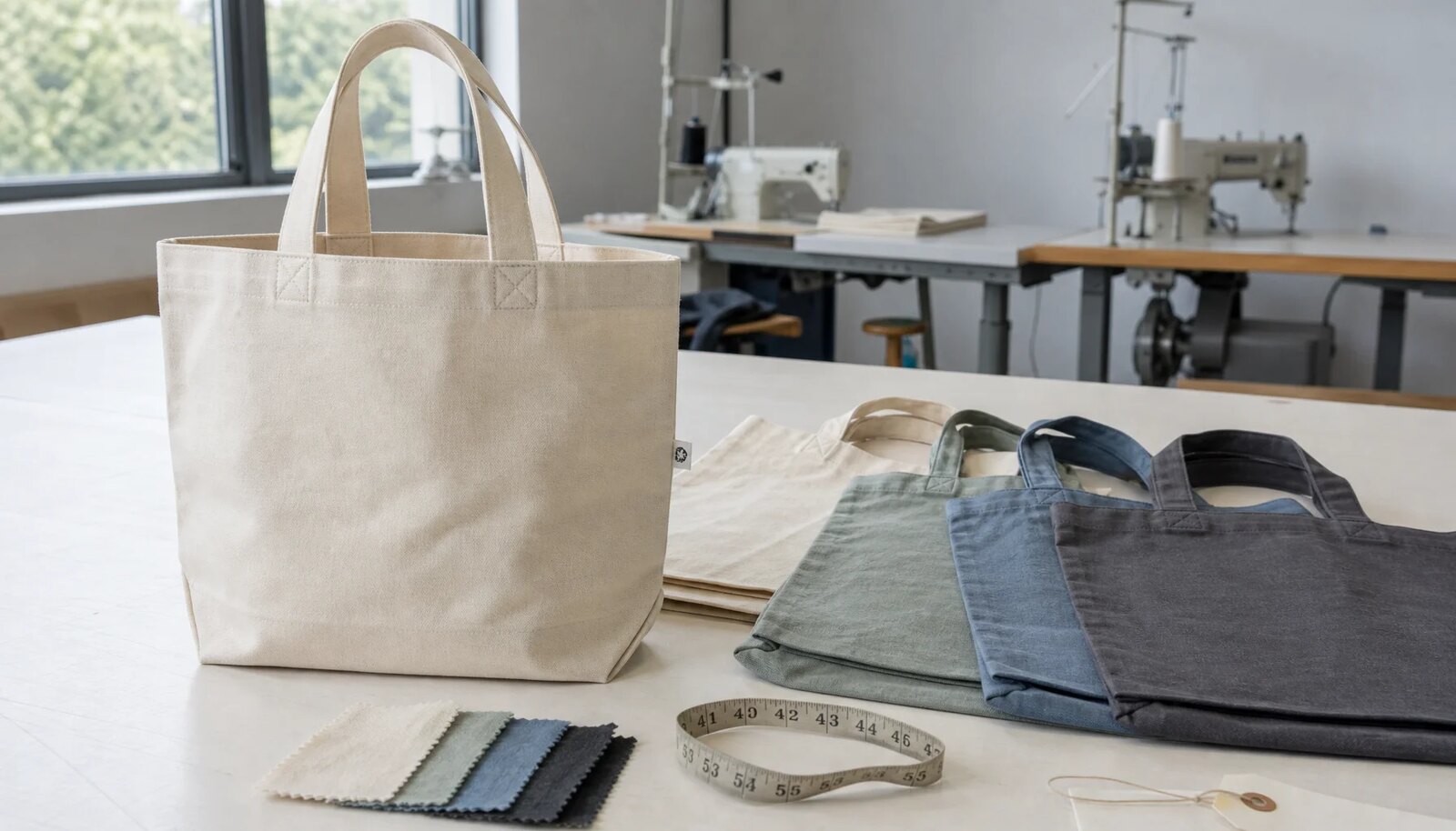 Organic cotton tote bag samples with a small CottonToMaker side label in a factory sample room