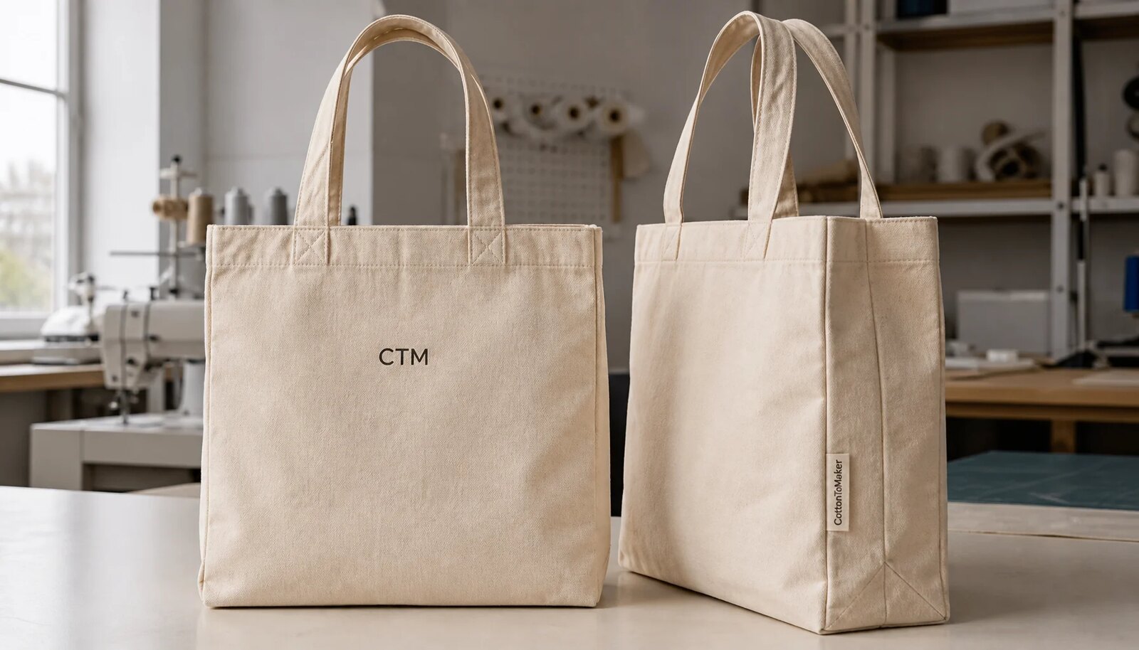 Photorealistic organic cotton tote samples with a small CTM logo printed and sewn label visible in a factory sample room