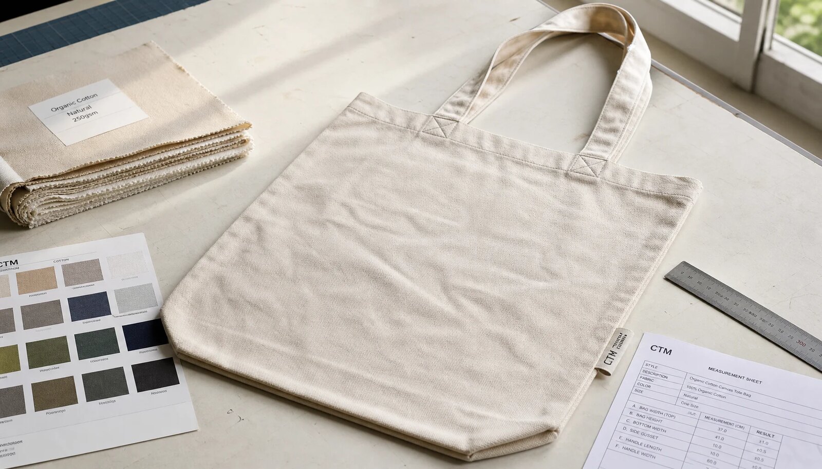 Custom organic cotton tote bag sample with fabric swatches, ruler, print strike-offs, and sewn CTM/CottonToMaker label