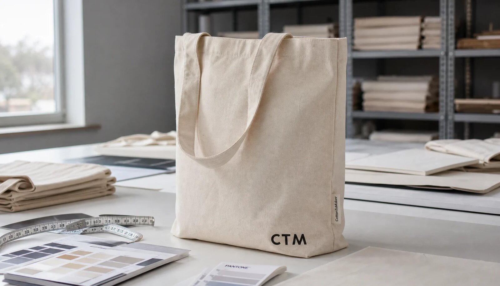 Organic cotton tote sample with a simple CTM logo printed on the front and a CottonToMaker side label sewn into the seam in a factory sample room
