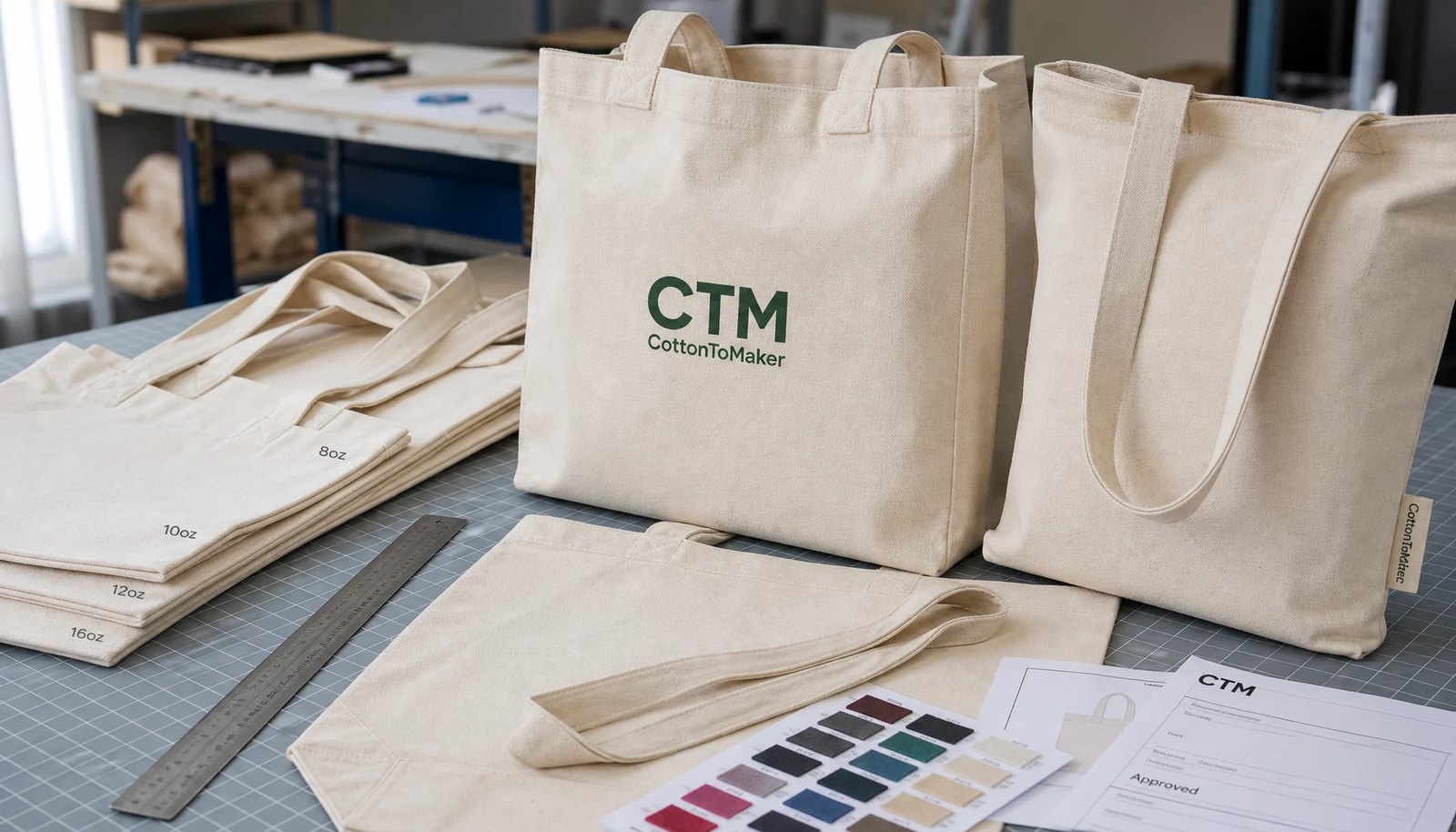 Organic cotton tote bag samples with CTM logo print proofing tools in a factory sample room